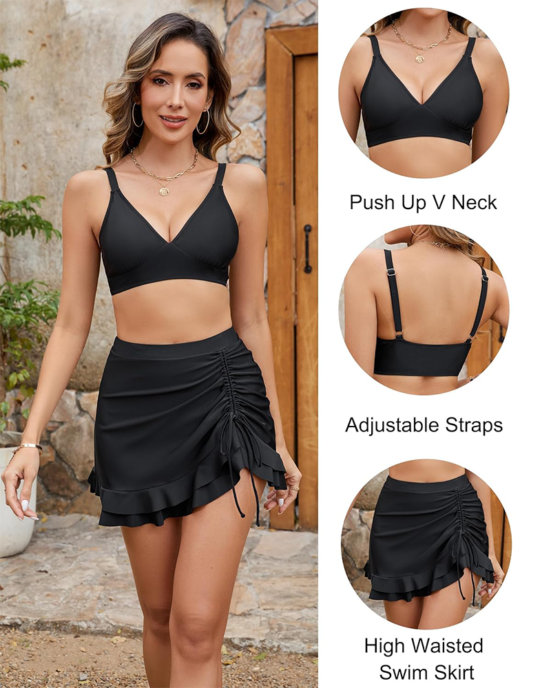 Shesways® High Waisted Tummy Control Bikini Set with Skirt – Vintage Style