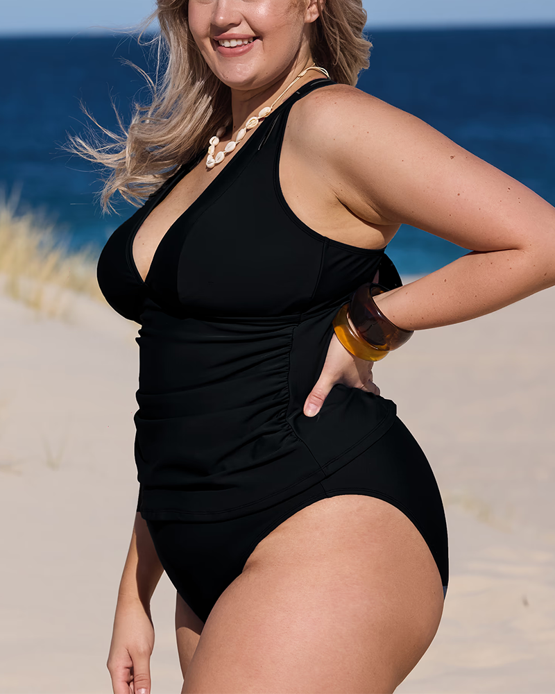 sheways®Black Ruched Tankini Top & Mid-Rise Bottoms