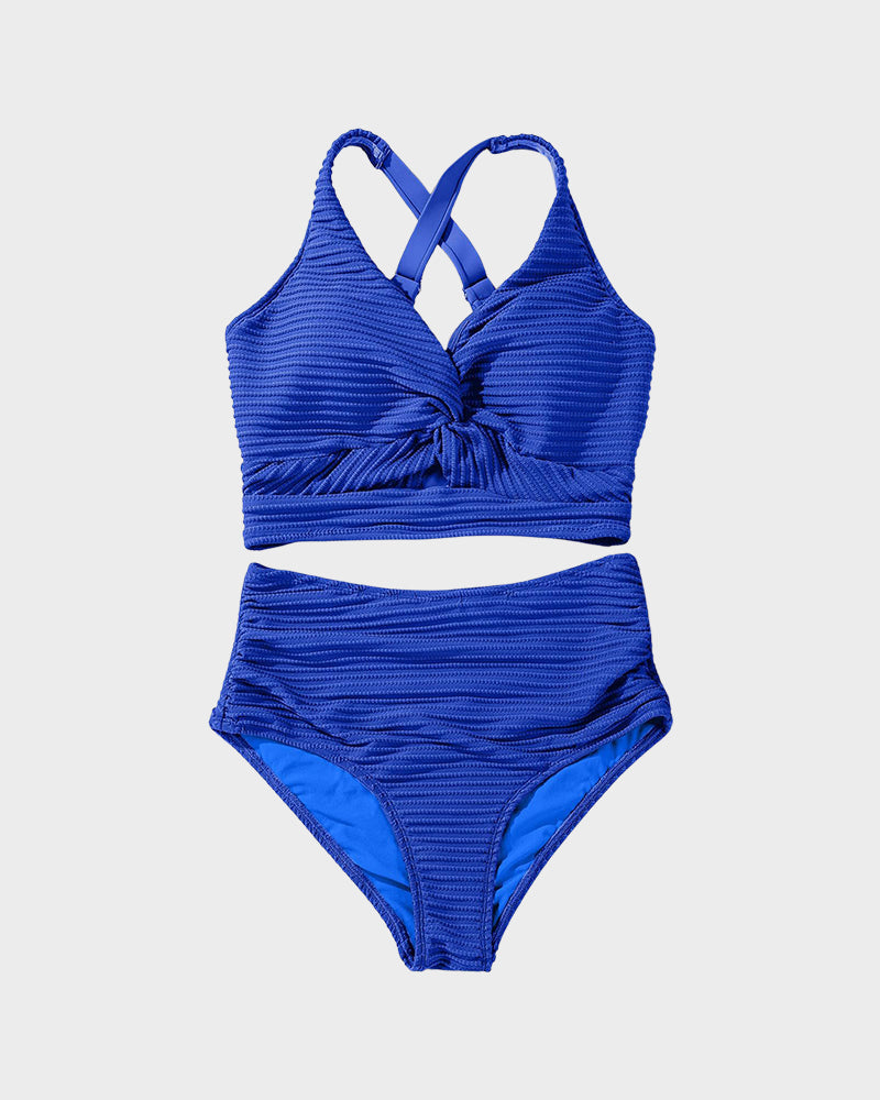 Shesways® Textured Knot-Front High-Waisted Bikini Set