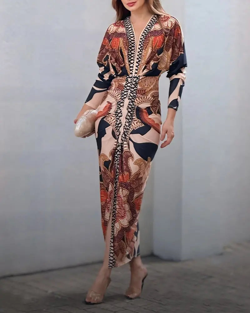 Shesways® Tropical Siren V-Neck Ruched Waist Slit Dress