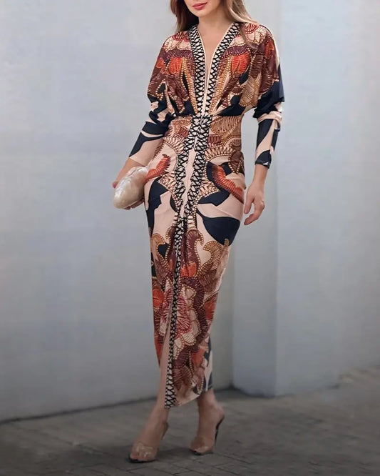 Shesways® Tropical Siren V-Neck Ruched Waist Slit Dress