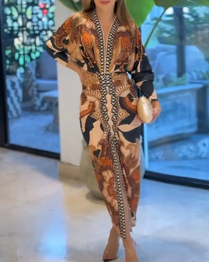Shesways® Tropical Siren V-Neck Ruched Waist Slit Dress