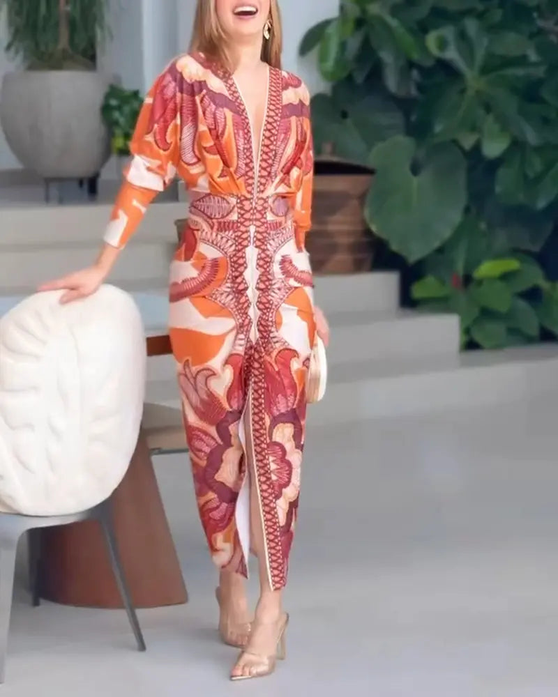 Shesways® Tropical Siren V-Neck Ruched Waist Slit Dress