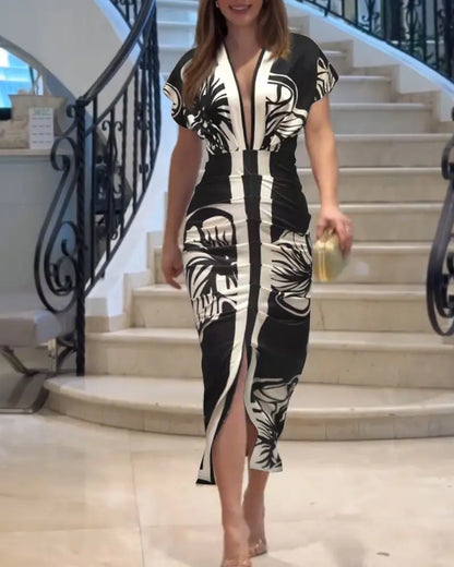 Shesways® Tropical Siren V-Neck Ruched Waist Slit Dress