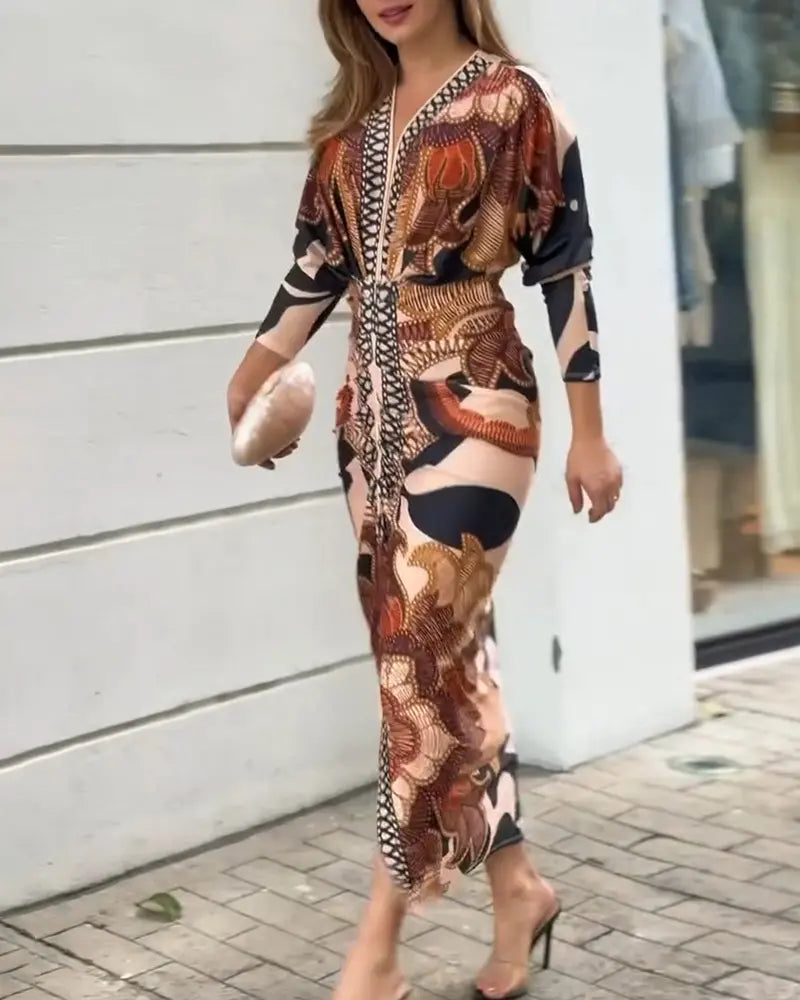 Shesways® Tropical Siren V-Neck Ruched Waist Slit Dress