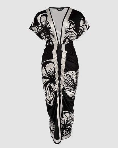 Shesways® Tropical Siren V-Neck Ruched Waist Slit Dress