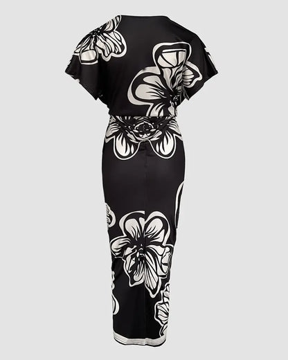 Shesways® Tropical Siren V-Neck Ruched Waist Slit Dress