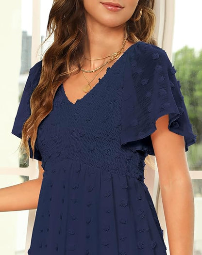 Shesways® Elegant Ruffle Smocked Mini Dress – V Neck