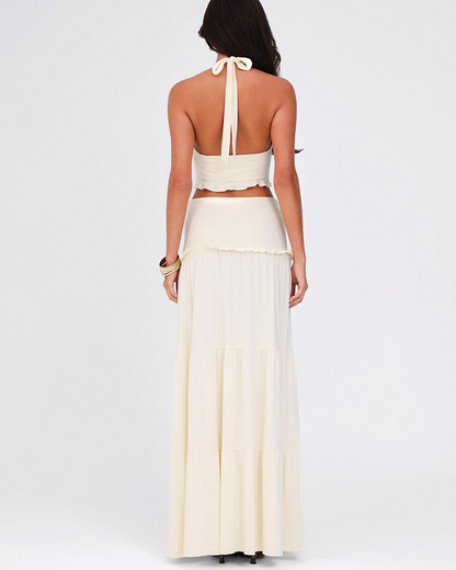 Shesways® Plunge Neck Halter Top & Ruched Skirt Set – Summer Two-Piece Outfit for Women
