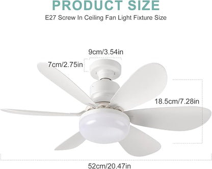 Screw in Ceiling Fan Light E27 Socket with Remote Control LED Lamp Small lamp for Bedroom fan ceiling 3 Speeds 3 Colors White Easy to Install Dimmable Mini Ceiling Fan