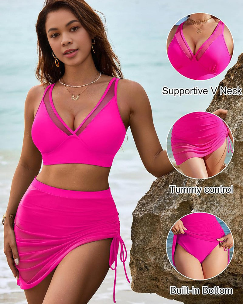 Shesways® Mesh High Waisted Tummy Control Sarong Wraps Bikini Set