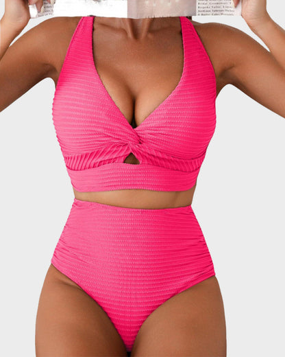 Shesways® Textured Knot-Front High-Waisted Bikini Set