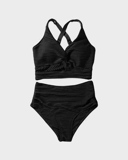 Shesways® Textured Knot-Front High-Waisted Bikini Set