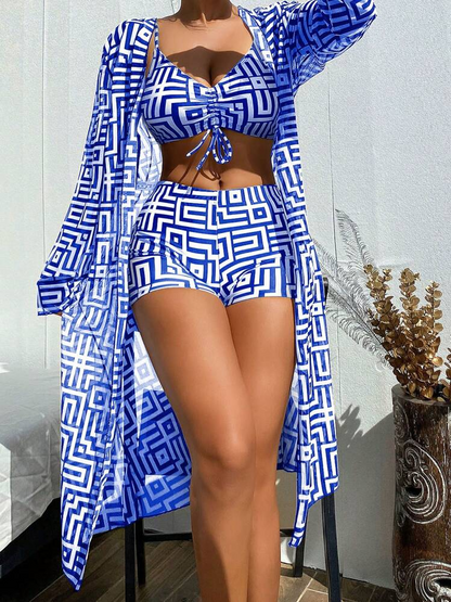 Shesways® 3-Piece Boho Bikini Set – High Waist & Kimono Cover-Up