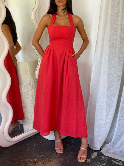Shesways® Ruched Halter Neck Midi Dress