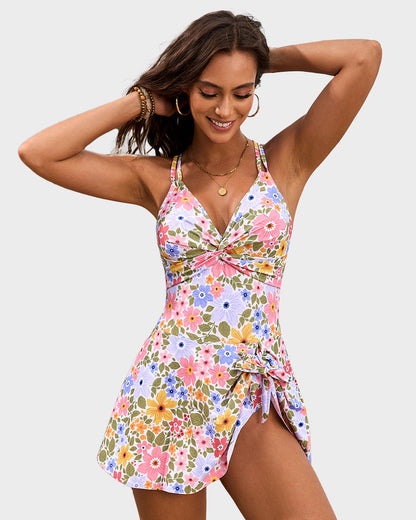Shesways® Knot Hem Ruched One-Piece Swim Dress