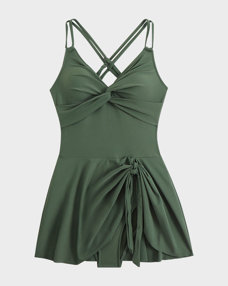 Shesways® Knot Hem Ruched One-Piece Swim Dress