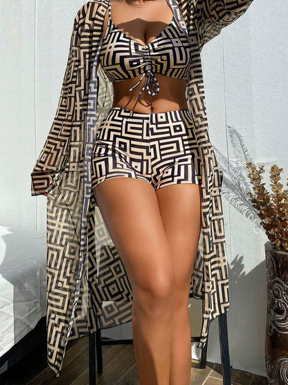 Shesways® 3-Piece Boho Bikini Set – High Waist & Kimono Cover-Up