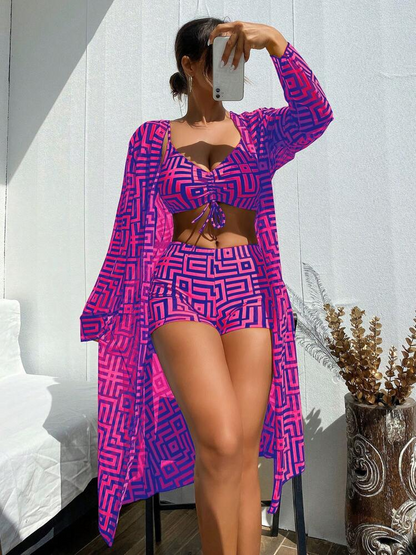 Shesways® 3-Piece Boho Bikini Set – High Waist & Kimono Cover-Up