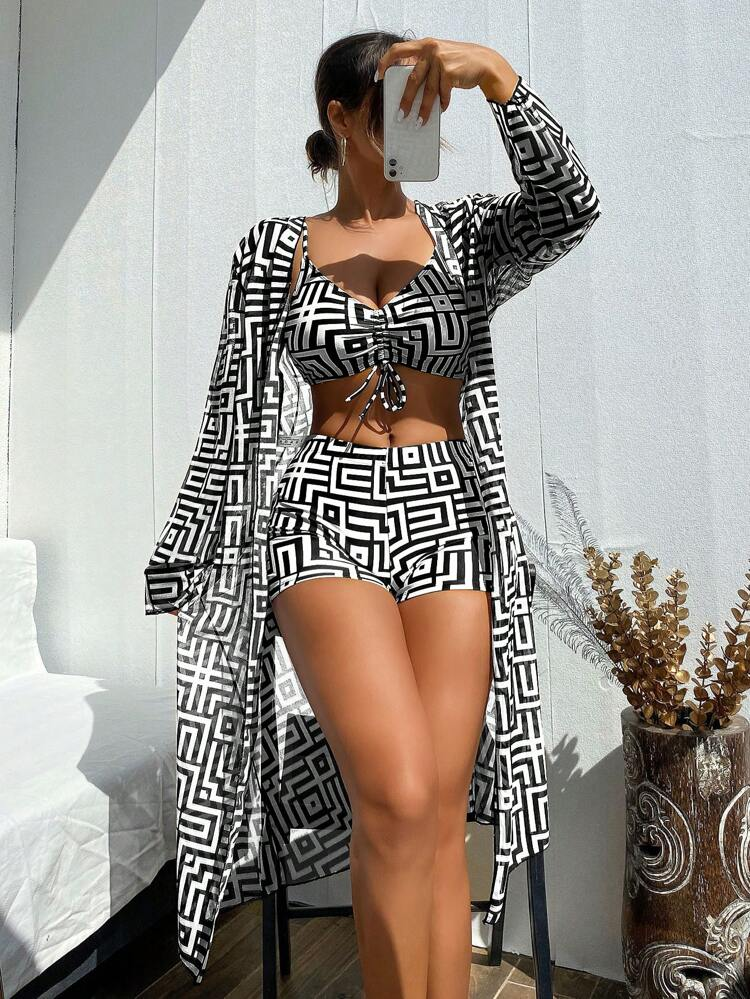 Shesways® 3-Piece Boho Bikini Set – High Waist & Kimono Cover-Up